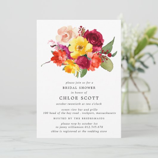 Brautparty von Burgund Orange-Gelb-Rosa Floral I Einladung (Stehend Vorderseite)