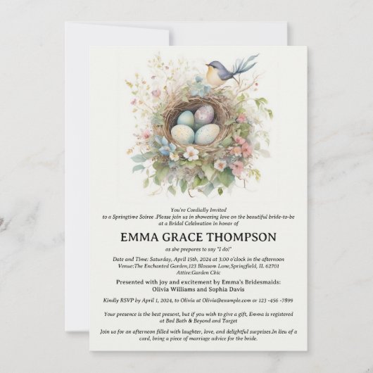 Brautparty von Wasserfarben-Vogelnest und Blumenfr Einladung (Vorderseite)