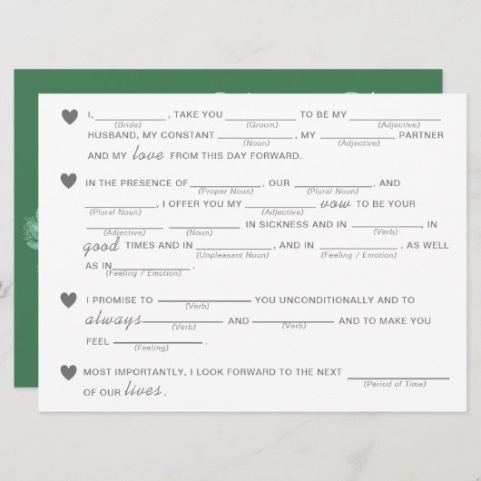 Brautparty Vows Improvisation Game - Green (Vorne/Hinten)