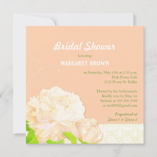 Brautparty Wasserfarbe Peach Peony Einladung (Vorderseite)