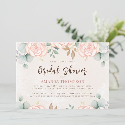Brautparty Wasserfarbe Rosa Blütenfarbe Einladung (Stehend Vorderseite)