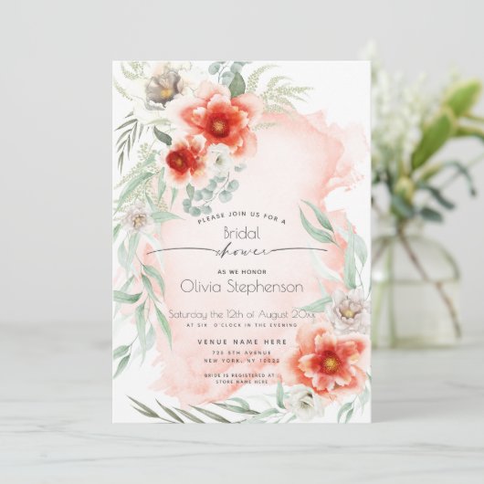 Brautparty | Wasserfarbenscarlet Flora Einladung (Stehend Vorderseite)