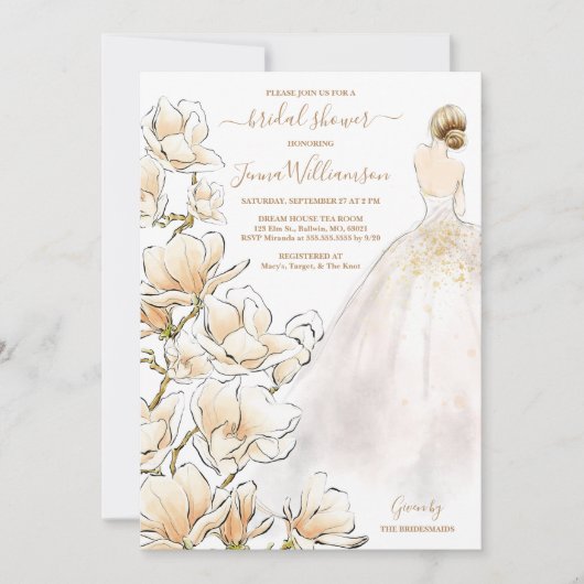 Brautparty Watercolor Blonde Bride Magnolia Einladung (Vorderseite)