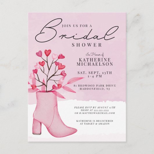 Brautparty | Watercolor Boot & Heart Bouquet Postkarte (Vorderseite)