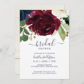 Brautparty Watercolor Bouquet Burgundy Navy Einladung (Vorne/Hinten)
