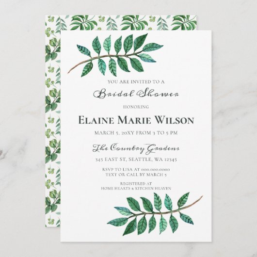 Brautparty "Watercolor Foliage Greenerity" Einladung (Vorne/Hinten)