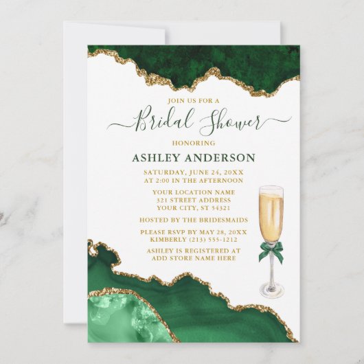 Brautparty Watercolor Green Marble Geode Gold Einladung (Vorderseite)