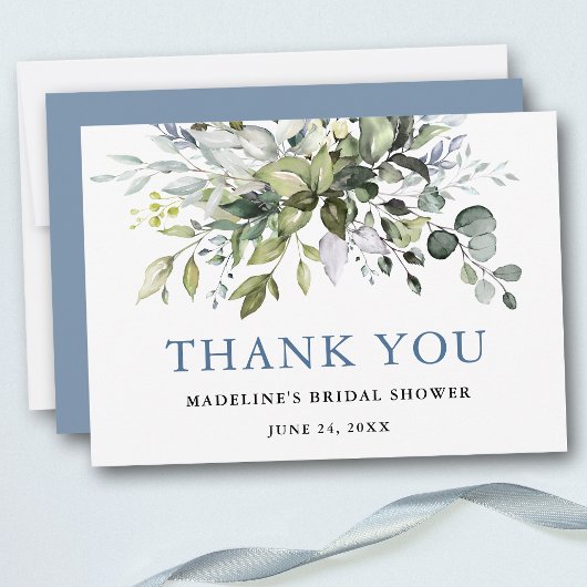 Brautparty Watercolor Greenery Dusty Blue Dankeskarte