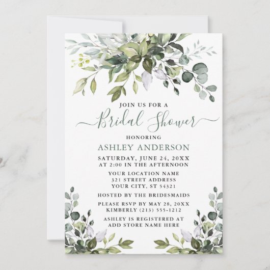 Brautparty Watercolor Greenery Sage Green Einladung (Vorderseite)