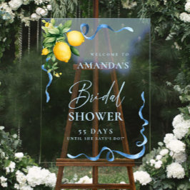 Brautparty "Watercolor Lemon Blue Ribbon WELCOME" Acrylschild