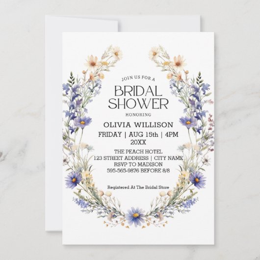 Brautparty "Watercolor Light Blue Wildblumen" Einladung (Vorderseite)