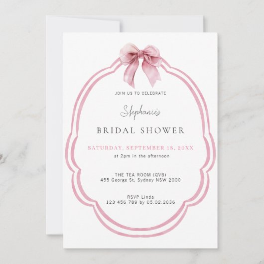 Brautparty "Watercolor Pink Dainty Bow" Einladung (Vorderseite)