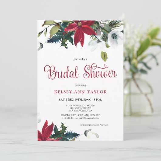 Brautparty Watercolor Winter Poinsettia Einladung (Stehend Vorderseite)