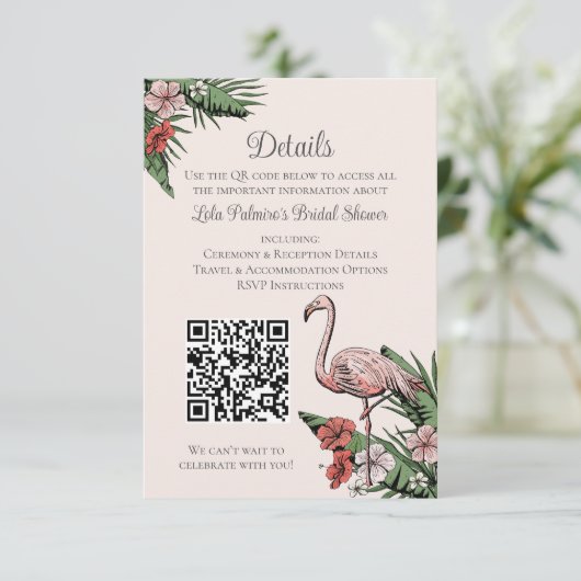 Brautparty-Website-QR-Code Blush Flamingo Begleitkarte (Stehend Vorderseite)