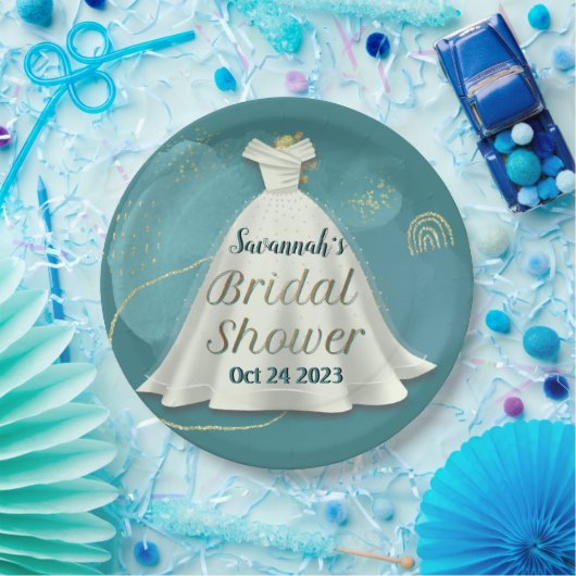 Brautparty Wedding Gown Deep Aquamarin Gold Glitze Pappteller (Party)