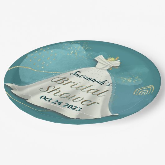 Brautparty Wedding Gown Deep Aquamarin Gold Glitze Pappteller (Schrägansicht)