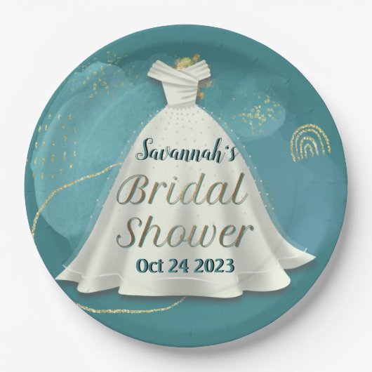 Brautparty Wedding Gown Deep Aquamarin Gold Glitze Pappteller (Vorderseite)