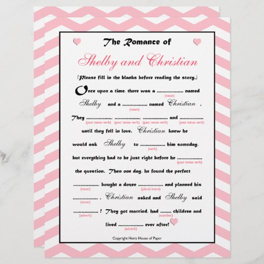 Brautparty Wedding Libs Game (Vorne/Hinten)