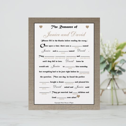 Brautparty Wedding Libs Game - Burlap (Stehend Vorderseite)