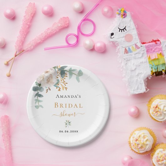 Brautparty Weiße Blume Eukalyptusgrün Pappteller (Party)