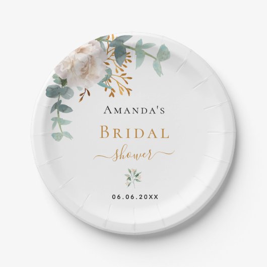 Brautparty Weiße Blume Eukalyptusgrün Pappteller (Vorderseite)