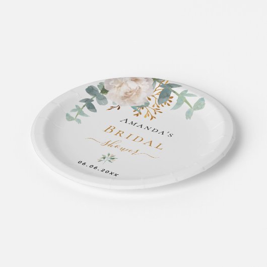 Brautparty Weiße Blume Eukalyptusgrün Pappteller (Schrägansicht)