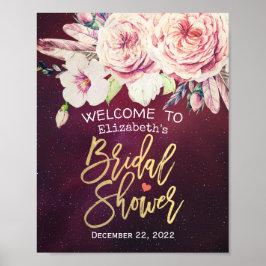Brautparty Welcome Floral Feathers Burgundy Red Poster