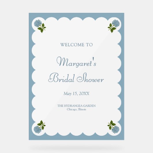Brautparty Welcome Sign Dusty Blue Hydrangea Acrylschild (Vorderseite)