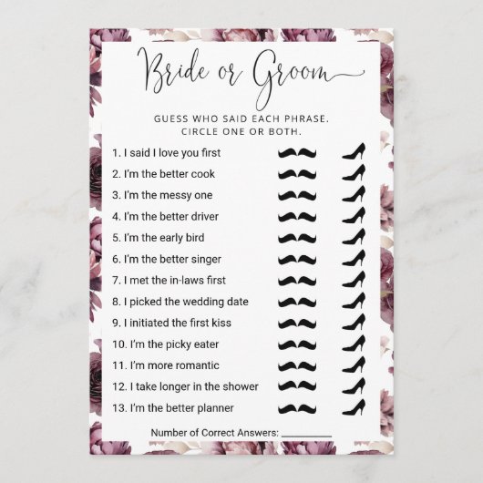 Brautparty Wer kennt das beste Paar? Spielkarte Einladung (Vorderseite)