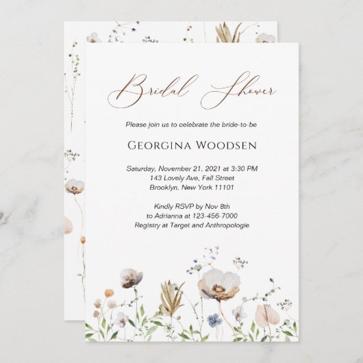 Brautparty Whimsical Wildblumen Elegantes Skript Einladung (Vorne/Hinten)