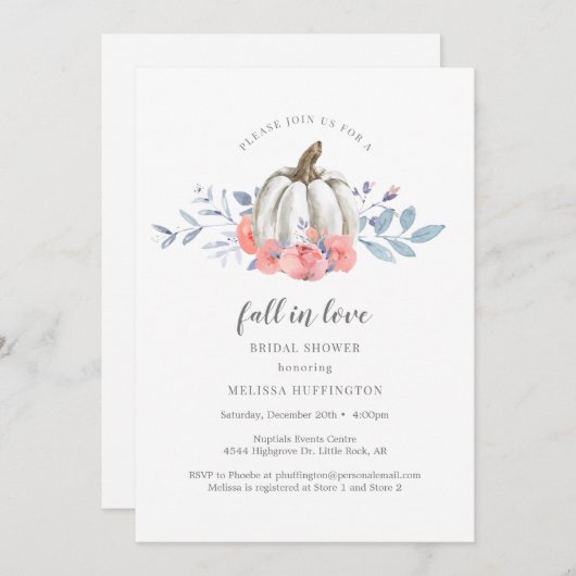 Brautparty White Pumpkin Pink Rose Fall in Liebe Einladung (Vorne/Hinten)