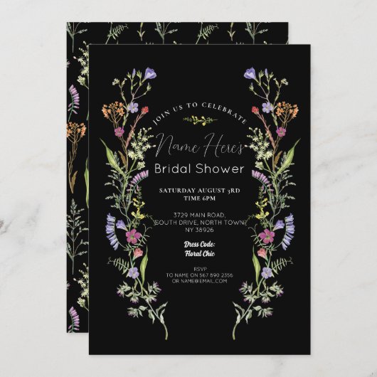 Brautparty Wildblumen Blumenditsy Dunkel Einladung (Vorne/Hinten)