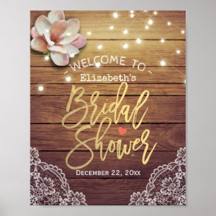 Brautparty Willkommen Holz Blumenzellenleuchten Poster