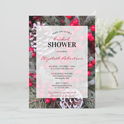 Brautparty Winter Berries Pinecone Einladung (Stehend Vorderseite)