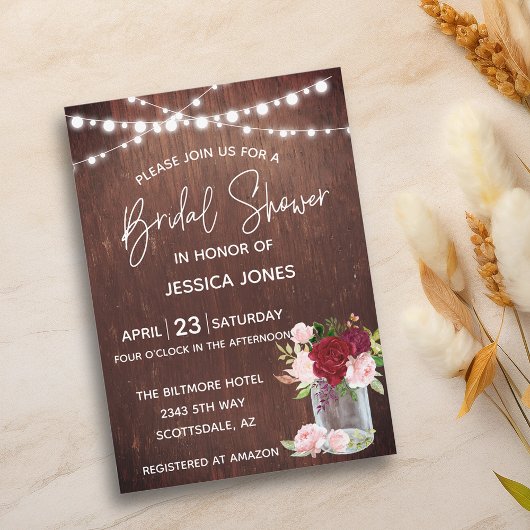 Brautparty Wood Burgundy Blush Pink Mason Jar Einladung