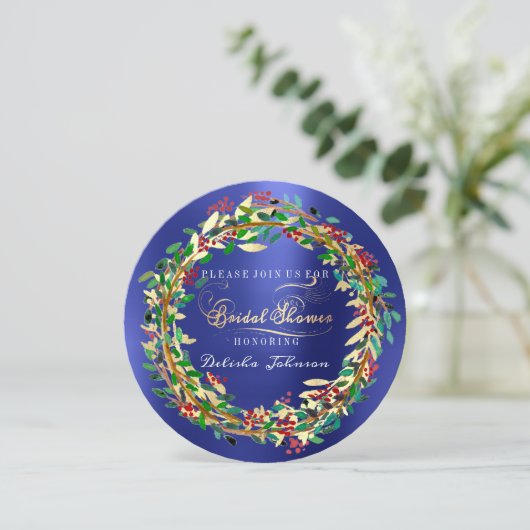 Brautparty Woodland Cobalt Blumengrün Einladung (Stehend Vorderseite)