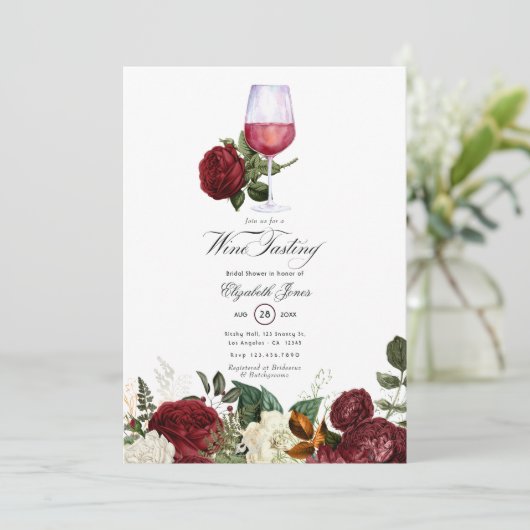 Brautparty zu Themen der Burgunder und Goldflora Einladung (Stehend Vorderseite)