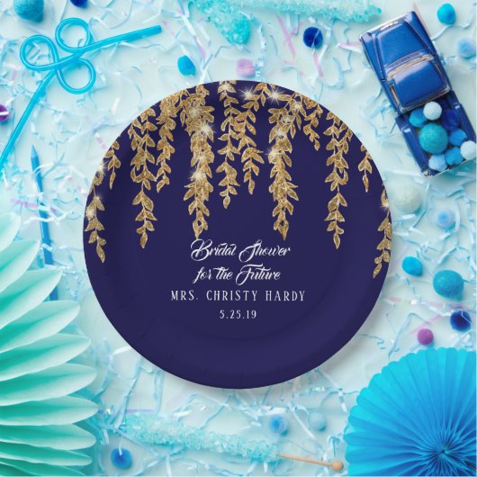 Brautparty-zukünftige Frau Navy Gold Willow Leaf Pappteller (Party)