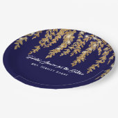 Brautparty-zukünftige Frau Navy Gold Willow Leaf Pappteller (Schrägansicht)