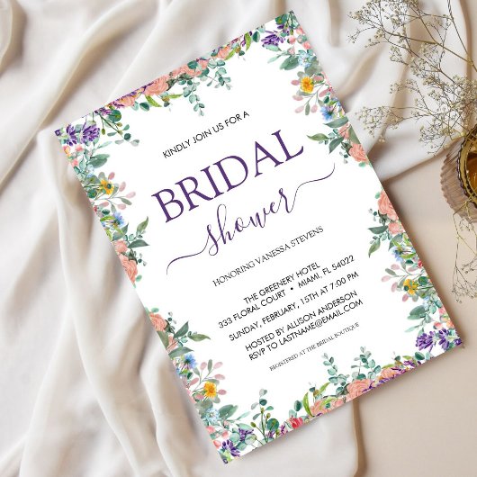 Brautparty zur Blume von Weiß und Violett Einladung