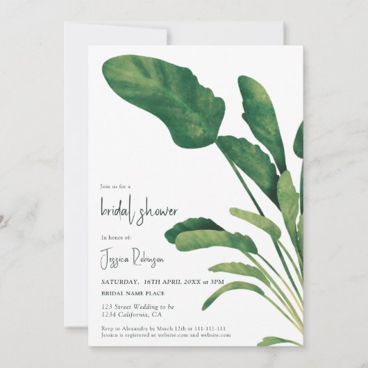 Brautparty zur Pflanze tropischer Vegetation Einladung (Vorderseite)