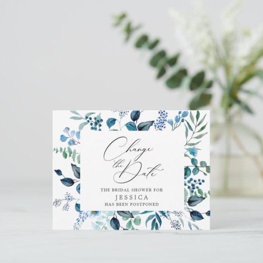 Brautparty Zurückgestellt Datum Elegante blaue Ros Postkarte (Stehend Vorderseite)