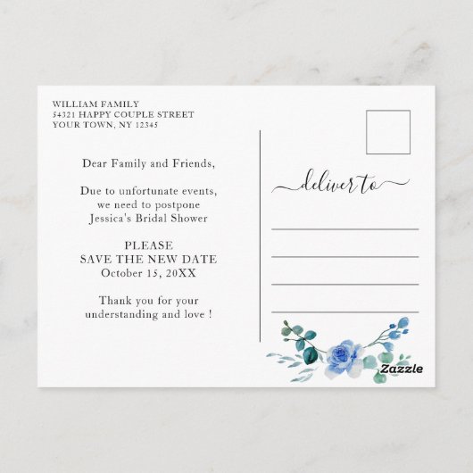 Brautparty Zurückgestellt Datum Elegante blaue Ros Postkarte (Rückseite)