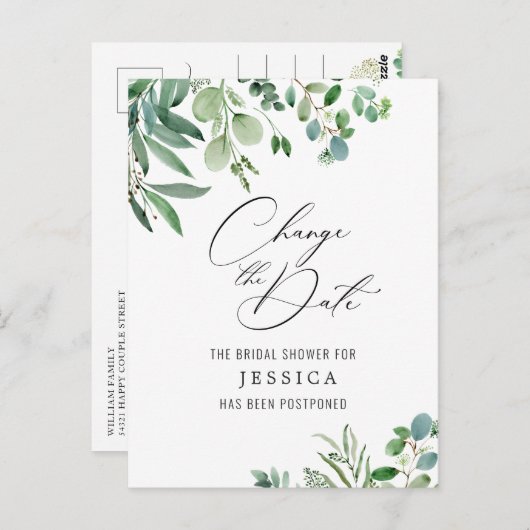 Brautparty Zurückgestellt Datum Elegante Eukalyptu Postkarte (Vorne/Hinten)