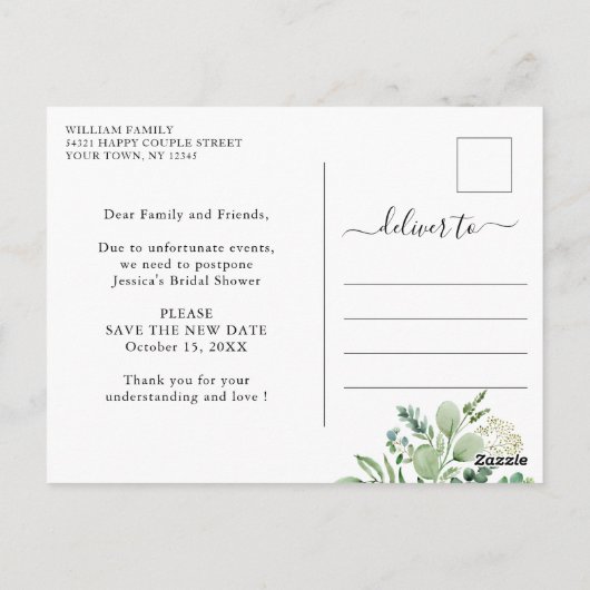 Brautparty Zurückgestellt Datum Elegante Eukalyptu Postkarte (Rückseite)