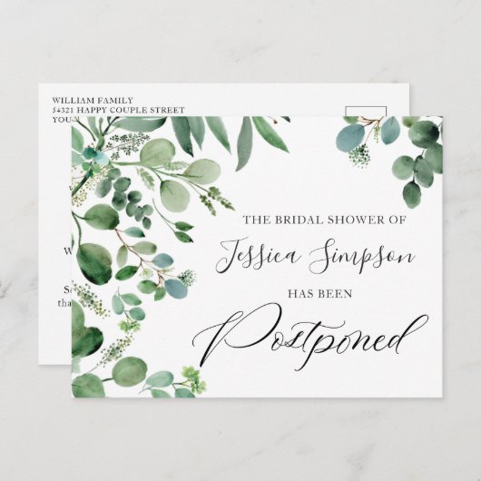 Brautparty Zurückgestellt Datum Elegante Eukalyptu Postkarte (Vorne/Hinten)