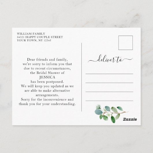 Brautparty Zurückgestellt Datum Elegante Eukalyptu Postkarte (Rückseite)