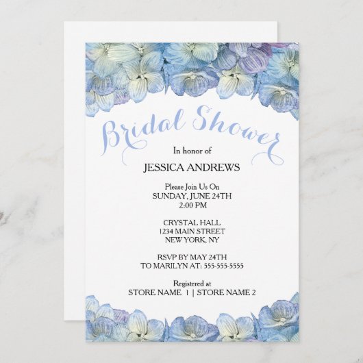 Brautpartyblauer HydrangeaWatercolor mit Blumen Einladung (Vorne/Hinten)