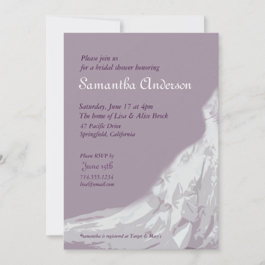 Brautpartylavendel: Brautkleid Einladung (Vorderseite)