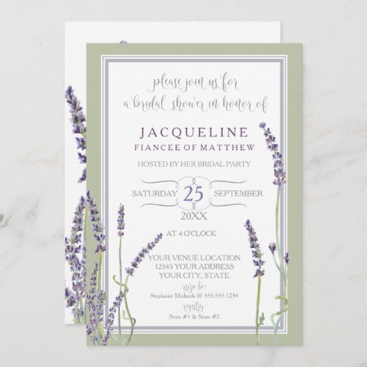 Brautpartywatercolor-französischer Lavendel-Blumen Einladung (Vorne/Hinten)